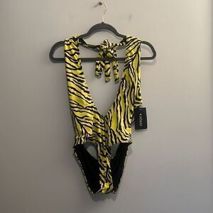 Icon Swim Women's Yellow Zebra Print Strappy Halter One Piece Swimsuit XL NWT